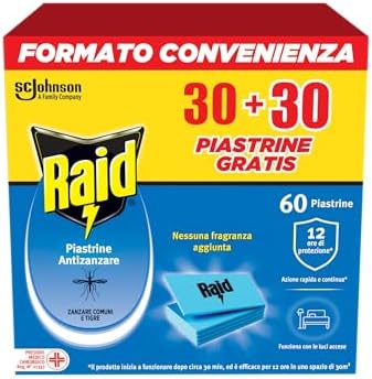 Raid Piastrine Antizanzare, 60 Piastrine Inodore per Zanzare Comuni e Tigre, Fino a 12 Ore di Protezione, Compatibili con Diffusori Raid