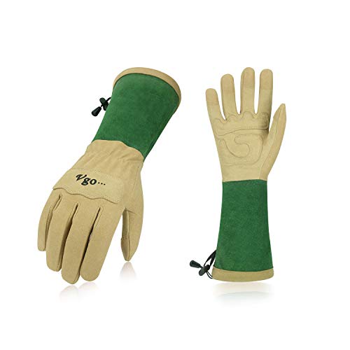 Preisvergleich Produktbild Vgo Rosa Kaktus Garten- und Arbeitshandschuhe aus Kunstleder mit Langen Schweinsledermanschette für Damen(1 Paar, 9 / L, Grün+ Beige, SL6592)
