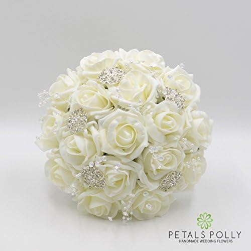Artificial Wedding Flowers Hand-Made by Petals Polly, Ivory Rose Bridesmaids Posy with Diamante BROOCHES, Pearl Stems & Crystal Stems