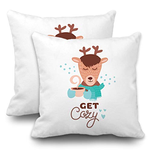 Batmerry Set of 2 Merry Christmas Decorative Pillow Covers 18x18 inch,Cute Animal Coffee Colorful Lovely Deer Scarf Hot Double Sided Throw Pillow Covers Sofa Cushion Cover