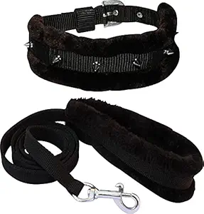 S.Blaze Dog Belt Combo of Black Spike Fur Padded Dog Collar with Soft Handle Fur Padded Dog Leash for All Breeds of Dog Collar Leash (Small)