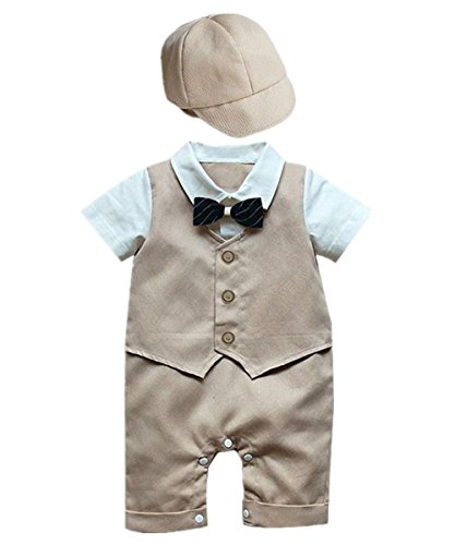iiniim 2pcs Baby Little Boys Gentleman Bowtie Romper Jumpsuit With Hat Formal Outfit Casual Clothing Khaki 6-9 Months