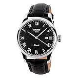 Herrenuhren mit Kalender Gitter Muster Zifferblatt, Römische Ziffern Skala Lederarmband Klassisch Casual Armbanduhren, Schwarz