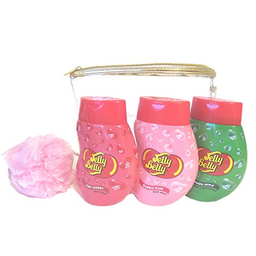 Jelly Belly Trio Body Wash and Shampoo and Conditioner Set - Very Cherry Wash, Bubble Gum Wash and Jelly Belly Apple Shampoo and Conditioner (400ml each) with Free Body Polisher and Gold Wash Bag