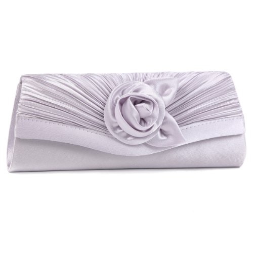 Damara Women's Satin Pleated Flower Front Evening Bag Clutch Handbag,Silver