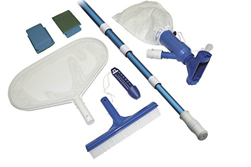 Steinbach Poolreinigung Grundreinigungsset für jedes Schwimmbad (Thermometer, 2x Handschrubber, Beckenreinigungsbürste, Laubkescher, Teleskopstange, Bodensauger), Mehrfarbig, 7-teilig