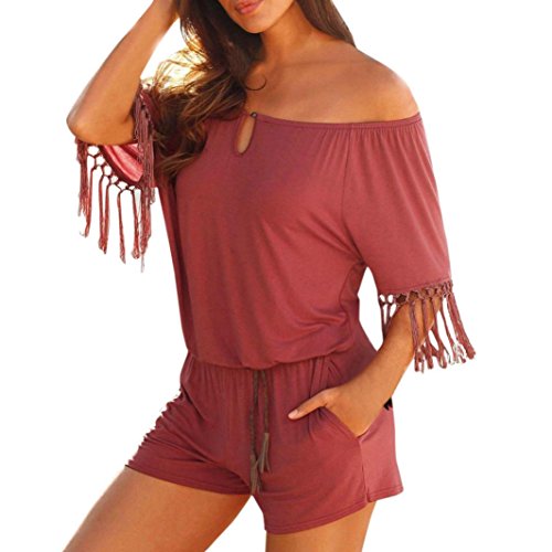 Preisvergleich Produktbild Damen Bekleidung DOLDOA Frauen Mädchen Elegante Frühling Tassel Trägerloser Overalls Casual Romper Playsuit Jumpsuit Kurze Hosen Oberteile Slim Hemd Bluse Tops Kurzarm Solide T-Shirt Mode Sommer Blusen Schöne Pullover Sweatshirt Top Tops Street shirt (EU:46 Weinrot)