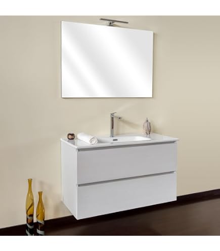 Yellowshop Mobile Bagno Sospeso 100 Cm Con Lavabo In Ceramica KIM – 2 Cassetti Soft-Close, Bianco Opaco