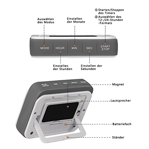 ZHPUAT Magnetischer Kurzzeitmesser Timer mit Schutzhülle aus Silikon Küchentimer Top Qualität Hochwertig Countdown/up macht Pünktlich Metallfarbe Hellgrau - 2