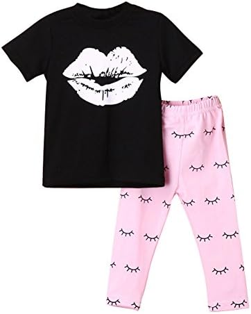 Alleppa Baby Girls 2PCS Outfit Short Sleeve Crew Neck T Shirt Eyelash Printed Legging -  Black - 