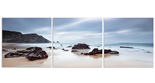 Feeby Frames, Cuadro en lienzo - 3 partes - Panorámico, Cuadro impresión, Cuadro decoración, Canvas 180x60 cm, ROCAS, AGUA, MAR, PAISAJE, VISTA, AZUL, NEGRO, MARRÓN