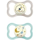 MAM Air Night Ciuccio Luminoso in Set da 2, in Silicone con Custodia Porta Succhietto, 16+ Mesi, Neutro