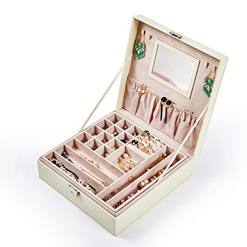 Preisvergleich Produktbild Meerveil Schmuckkästchen, verschließbare Schmuckschatulle, Schmuckkasten mit 2 Ebenen, Schmuckkoffer mit Spiegel, Weiß