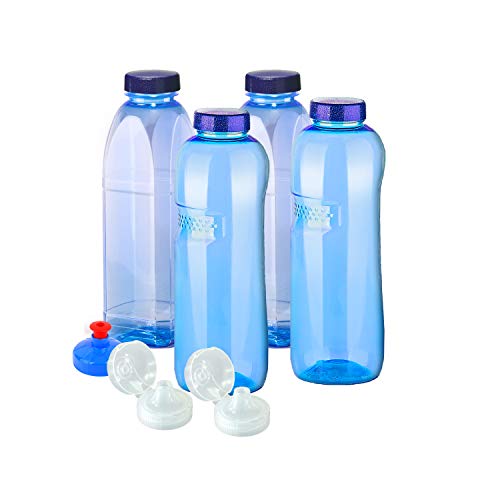4x Original Trinkflaschen aus TRITAN ohne Weichmacher Sparset 2 x 1 Liter (rund), 2x 1 Liter (eckig) + 4 Standartdeckel + 2 Sportdeckel (FlipTop) + 1 Trinkdeckel (Push PULL) BPA , BPS , Phtalath frei 
