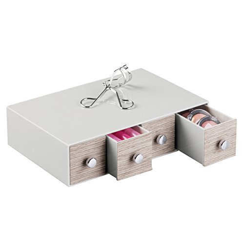 mDesign Kosmetik Organizer – Aufbewahrungsbox für Makeup und Beautyprodukte – Box mit vier Schubladen für Lippenstift, Wattepads etc. – hellgrau/graues Holz - 2
