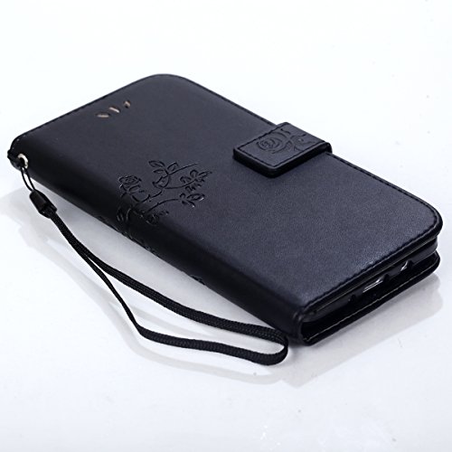 Slynmax Weich Leder Tasche Schutzhülle für Samsung Galaxy J5 (2016) DUOS Smartphone 5,2 Zoll Hülle mit Lanyard Flip Cover Wallet Case Etui Rose Blumen Embossed Design Hand Strap Brieftasche Lederhülle im Bookstyle Ultra Slim Ledertasche Handyhülle Schutz-Hülle Handytasche Shell Schale Klapphülle Rückseite mit Stand Ständer Credit Karten Slot und Magnet Magnetverschluss + 1x Eingabestift Touchstift Stylus - 3