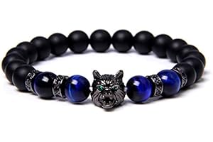 OADAA Save A Wolf Bracelet, Wolf Head Lava Rock Bracelet, Healing Crystal Stress Relief Anti Anxiety Energy Stone Beaded Bracelet, Healing Lava Bracelet for Men