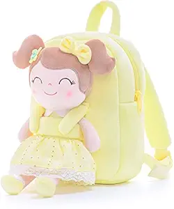 Toyshine Kids Mini Backpack for Girls Backpacks Plush Bag with Soft Doll for Toddler Baby 9 Inches, Yellow