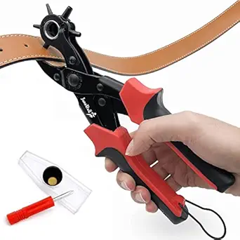 JunoBull Punch hole plier hand tool metal revolving heavy duty puncher/punching machine -leather Belts, Watch Bands, bags, Dog Collars, Fabric, or Craft Project -Black/Red (HOLE SHAPE MAY VARY)