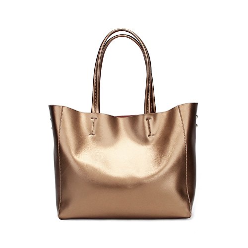 Viviesta Real Leather Silver Gold Metallic Horizontal Large Oversized Shoulder Cabas Shopper Tote Bag