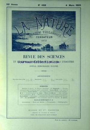 NATURE (LA) [No 1658] du 04/03/1905 - LOCOMOTIVES A GRANDE VITESE - LE PONT DE BETON ARMEE DE MACHINE A ECRIRE PAR CHALMARES - VISEURS RATIONNEL PAR MOCH - LE VENT ET LES ARBRES PAR RUDAUX - LES LIGNES FRANCAISES D'ACCES AU SIMPLON - OSTREICULTURE AU JAPON PAR DE MERIEL - BATEAU DE SAUVETAGE PAR BELLET - UN AUTODROME NATUREL EN FLORIDE PAR LATOUR - CH. DE VILLEDEUIL