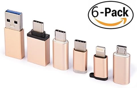 Set of 6 USB-C to USB 3.0 adapters,FDG USB-C (male) to USB A (female),Micro USB and USB 3.0 support OTG function,For Mobile phones, notebooks,desktop computers,game consoles,etc-Gold
