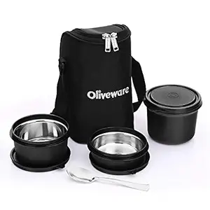 Oliveware Boss Pro Lunch Box | Stainless Steel Range + Black | Microwave Safe & Leak Proof | 3 Air-Tight Containers with Bag | with Steel Spoon | Keep Food Hot | School, College & Office Use