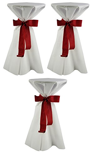 Sensalux, 3 Stehtischüberwürfe / die preisgünstige Alternative zur Husse, (nicht genäht) abwischbar - (Farbe nach Wahl), Tischdurchmesser 60-70 cm, Überwurf weiß Schleifenband bordeaux