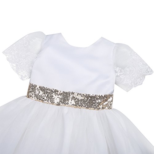 Tiaobug Baby Mädchen Kleid mit Blumen Spitzen und Pailetten Gürtel Schleife Festliche Kleider zur Taufe Hochzeit Geburtstag Festzug Babybekleidung Outfits Weiß 68-74/6-9 Monate - 6