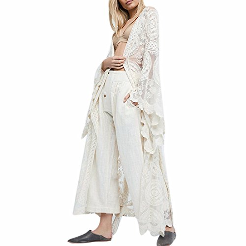 QIYUN.Z Femmes Cardigan Blanc Dentelle Décontracté Style Bohème Crochet Été Longue Cape