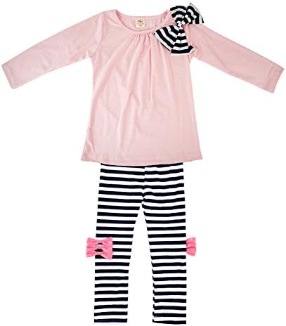 YASSON Kids Girls Bow Striped Leggings Suit Long Sleeve Bowknot Two-Piece Suit