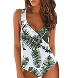 AHAYAKU Damen Sommer Rüschen Sexy Blatt Print Bademode Beachwear Siamesischer Badeanzug Bikini