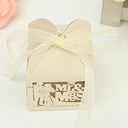 ULTNICE 50 Stück hohl Süßigkeiten Geschenke Boxen für Hochzeit Mitbringsel Dekor mit Ribbon, Beige - 4