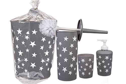 Badezimmer Set mit Kosmetikeimer Toilettenbürste Seifenspender und Zahnputzbecher mit Stern Dekor