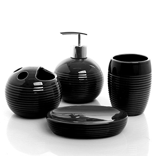 4 Pc Round Black Ceramic Bath Accessories Set w/ Soap Dispenser, Toothbrush Holder, Tumbler, Soap Dish by MyGift