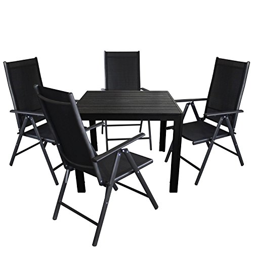 5tlg. Gartengarnitur - Aluminium Gartentisch 90x90cm, Polywood Tischplatte + 4x Hochlehner mit 2x2 Textilenbespannung, Lehne um 7 Positionen verstellbar, klappbar - Gartenmbel Sitzgruppe Sitzgarnitur 5tlg. Gartengarnitur - Aluminium Gartentisch 90x90cm, Polywood Tischplatte + 4x Hochlehner mit 2x2 Textilenbespannung, Lehne um 7 Positionen verstellbar, klappbar - Gartenmbel Sitzgruppe Sitzgarnitur