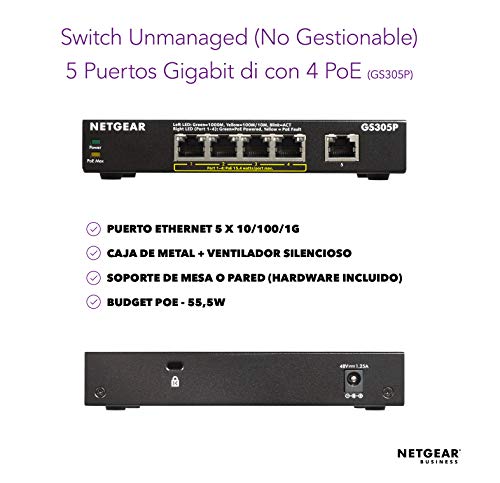 Netgear GS305P Switch Gigabit 5 Puertos 10/100/100, 4 Puertos PoE de 55W, Switch ethernet, Montaje de sobremesa, Caja de Metal sin Ventilador