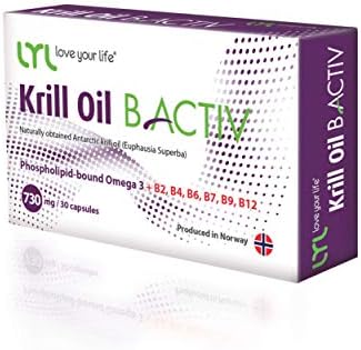 LYL Krill Oil B Activ - Complete Omega 3 + B2, B4, B6, B7, B9, B12 Vitamins - Naturally Obtained antarctic krill oil (Euphausia Superba) 800mg dose 30 capsules