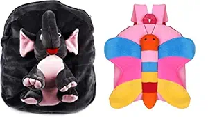 Blue Tree School Bag for Kids Soft Plush Backpack Combo Cartoon Bags Mini Travel Bag for for Girls Boys Toddler Baby (Full Body Elephant & Butterfly)