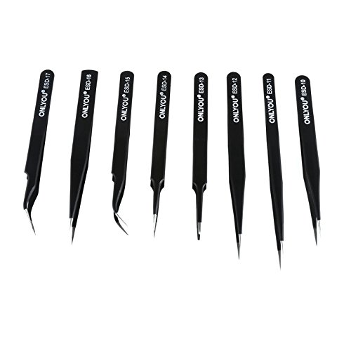 Foonii 8 pcs Anti-Statik-Edelstahl ESD präzise Pinzette gerade gebogen anatomisch Reparatur Tools für Elektronik, Schmuckherstellung, Industrie, Schwarz - 5