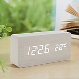 Forepin® Stilvoll Holz Wecker Digital Uhr mit Sound Control und LED-Licht-Anzeige Tischuhr Alarm Dekorationen für das Haus und Büro, Angetrieben durch USB oder Batterie – Rechteck Gestalten (Weiß + Weiß Licht) - 2