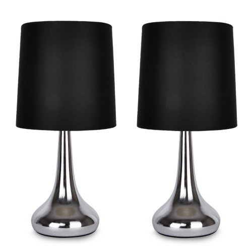 Set von 2 – Schöne und Touch-Me Tischlampe mit einem verchromten Finish und einem tollen, schwarzen Lampenschirm aus Stoff – im Tropfenform