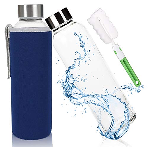 Perfect placed Glasflasche Trinkflasche Classic Tragbare 550ml BPA-frei für unterwegs Sportflasche Glas Wasserflasche zum Mitnehmen von kalten Getränken mit Neopren Tasche und Schwammbürste (Blau)