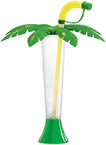 Natura Resort PALM TREE CUPS Fancy Slush Summer Party Goblets Sorbet Granity Smoothie 250ml 9oz (Green with yellow straw, 1 box - 108 cups)