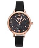 MANIFO Uhr Marmor Zifferblatt marmorit Farbe Damenuhr Quarzuhr Damen Armbanduhr schwarz Rosegold mit Leder Armband (Schwarz)