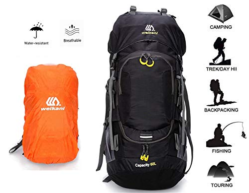 COUTUDI Rucksack Wanderrucksack Trekking für Mädchen Damen Herren Wasserdicht Nylon Daypack mit Regenschutz 50 L, Black 60L