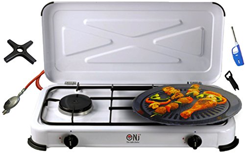 Campingkocher 2 flammig Gaskocher Gasgrill 3,3 KW mit Deckel Gasherd Kochfeld + Grillplatte + Phönix Gasherdkreuz + Gasschlauch-Regler Set
