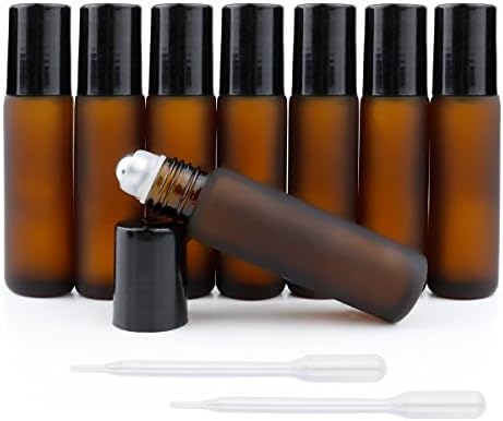 8 Pack - Essential Oil Roller Bottles [STAINLESS STEEL ROLLER] 10ml Refillable Glass Roll On for Fragrance Aromatherapy Oils - Metal Roller Ball w/ 0.5ml Dropper Transfer Pipettes - 10 ml 1/3 oz [Amber Frosted]
