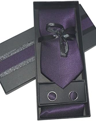 UK EVENT DECOR MEN'S 3 PIECE STRAIGHT TIE, CUFFLINKS &amp; POCKET SQUARE SET BOXED. (Dark Purple)