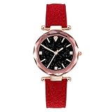 LuckhomePremium Damen Uhr Analog  Mode Frauen Leder Casual Uhr Luxus Analog Quarz Starry Sky Armbanduhr（rot）